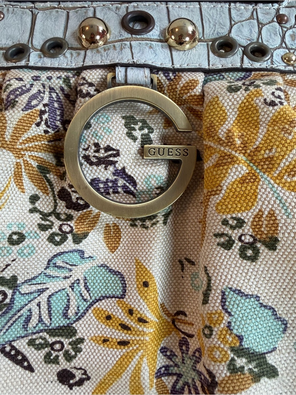 Guess Oasis Floral Canvas Frame Satchel Grommets Studs Y2K Handbag Purse GUC - Picture 2 of 16